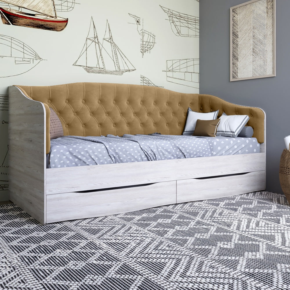 Кровать детская односпальная LION Л-9 с мягкой спинкой и выдвижными ящиками 190x90 см Самоа Дымчатый/Лили-02 (LION-041477)