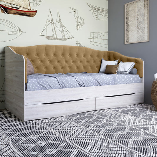 Кровать детская односпальная LION Л-9 с мягкой спинкой и выдвижными ящиками 190x90 см Самоа Дымчатый/Лили-02 (LION-041477)