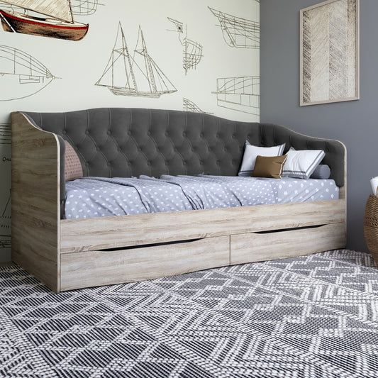 Кровать детская односпальная LION Л-9 с мягкой спинкой и выдвижными ящиками 190x90 см Дуб сонома/Лили-95 (LION-041491)