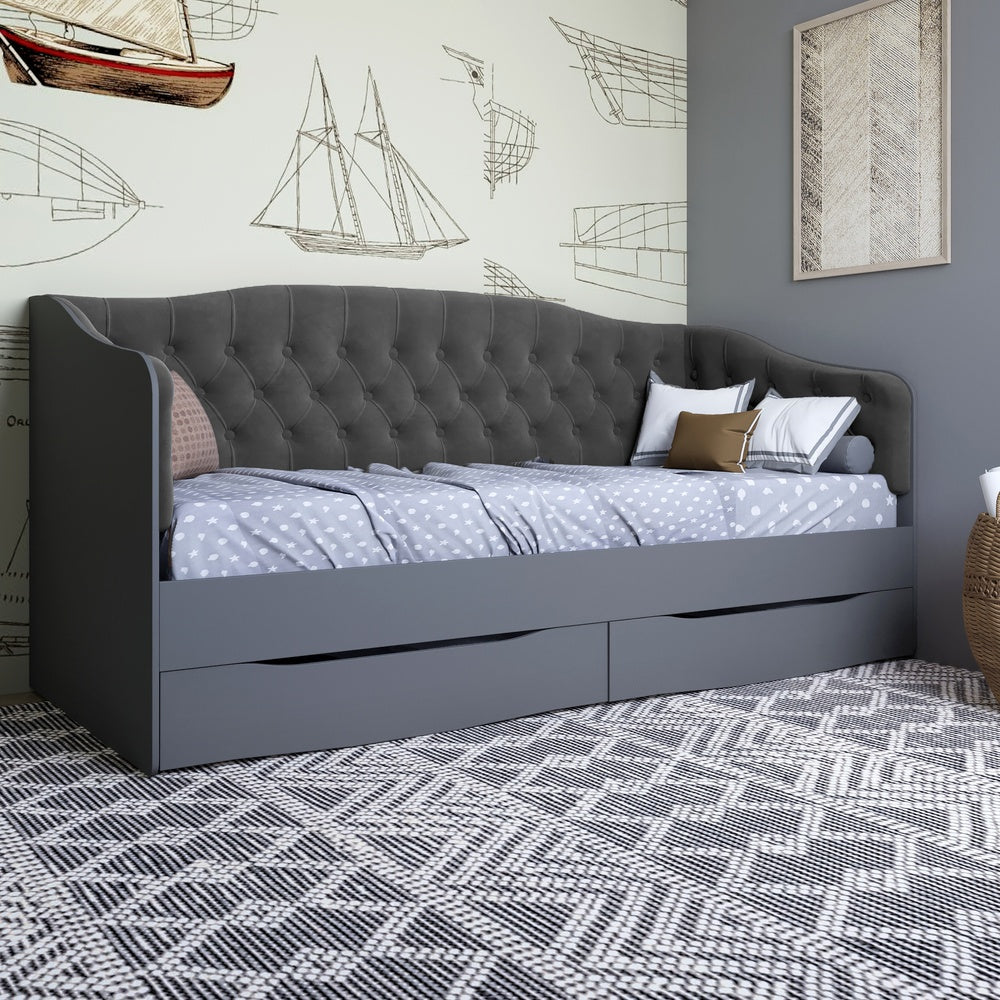 Кровать детская односпальная LION Л-9 с мягкой спинкой и выдвижными ящиками 190x90 см Антрацит/Лили-95 (LION-041483)