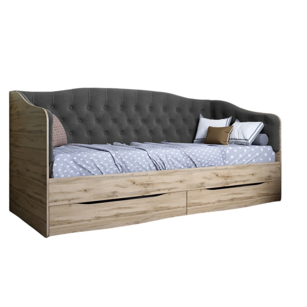 Кровать детская односпальная LION Л-9 с мягкой спинкой и выдвижными ящиками 190x90 см Дуб Аппалачи/Лили-95 (LION-041488)