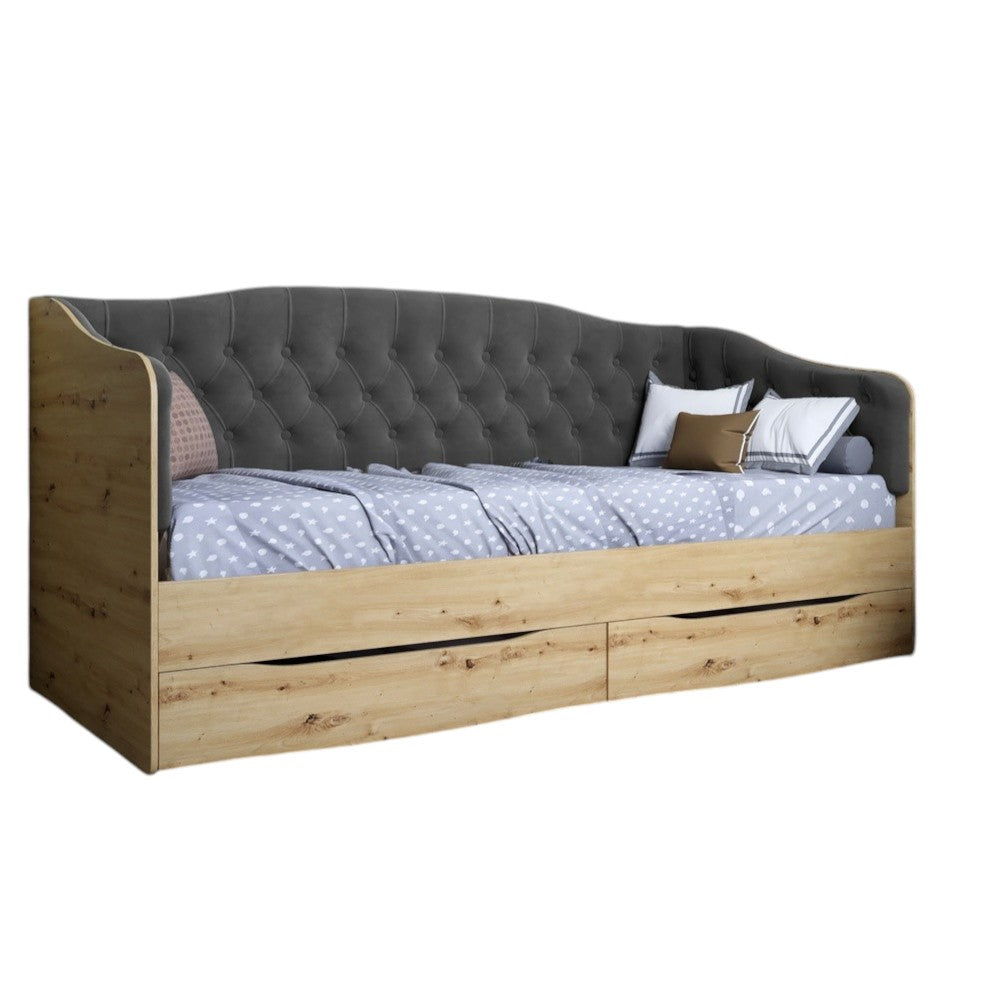 Кровать детская односпальная LION Л-9 с мягкой спинкой и выдвижными ящиками 190x90 см Дуб Артизан/Лили-95 (LION-041489)