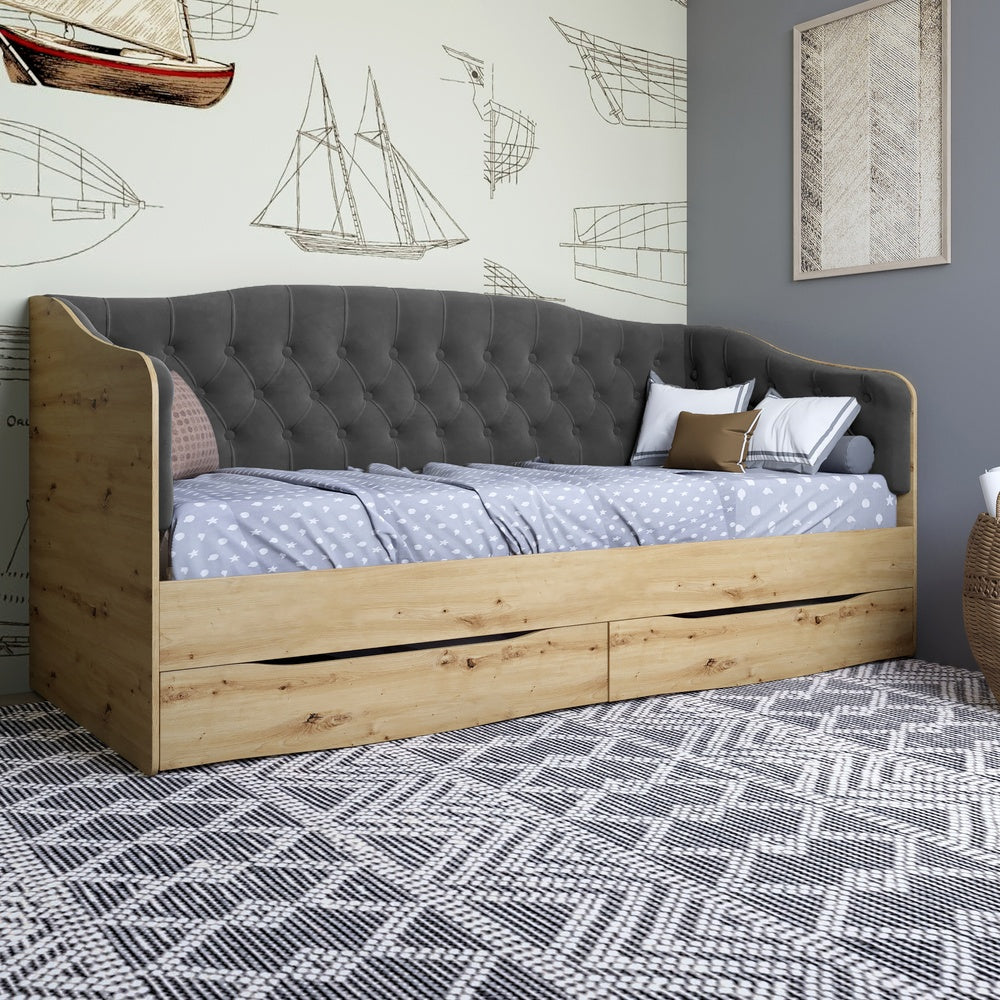 Кровать детская односпальная LION Л-9 с мягкой спинкой и выдвижными ящиками 190x90 см Дуб Артизан/Лили-95 (LION-041489)