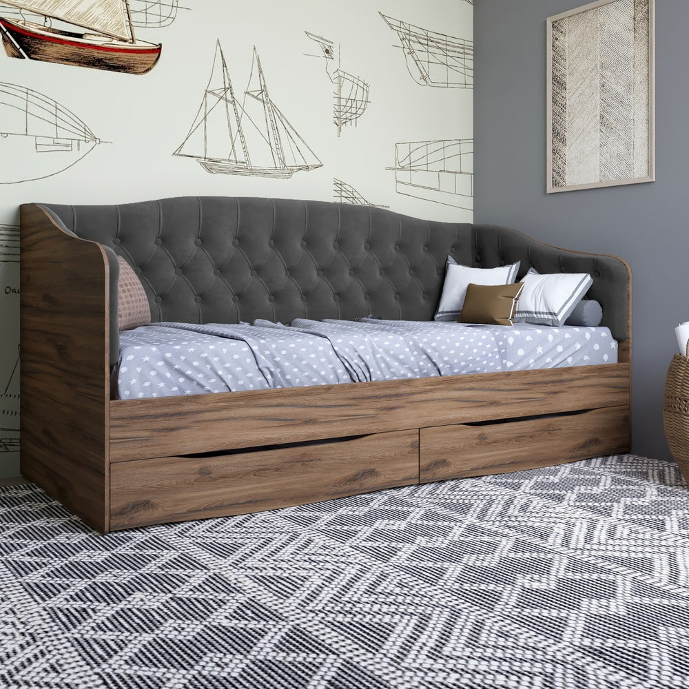 Кровать детская односпальная LION Л-9 с мягкой спинкой и выдвижными ящиками 190x90 см Дуб Ливорно/Лили-95 (LION-041490)