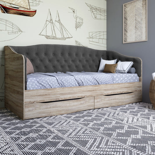 Кровать детская односпальная LION Л-9 с мягкой спинкой и выдвижными ящиками 190x90 см Дуб сонома трюфель/Лили-95 (LION-041492)