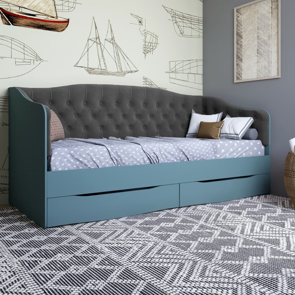 Кровать детская односпальная LION Л-9 с мягкой спинкой и выдвижными ящиками 190x90 см Гранит серый/Лили-95 (LION-041487)