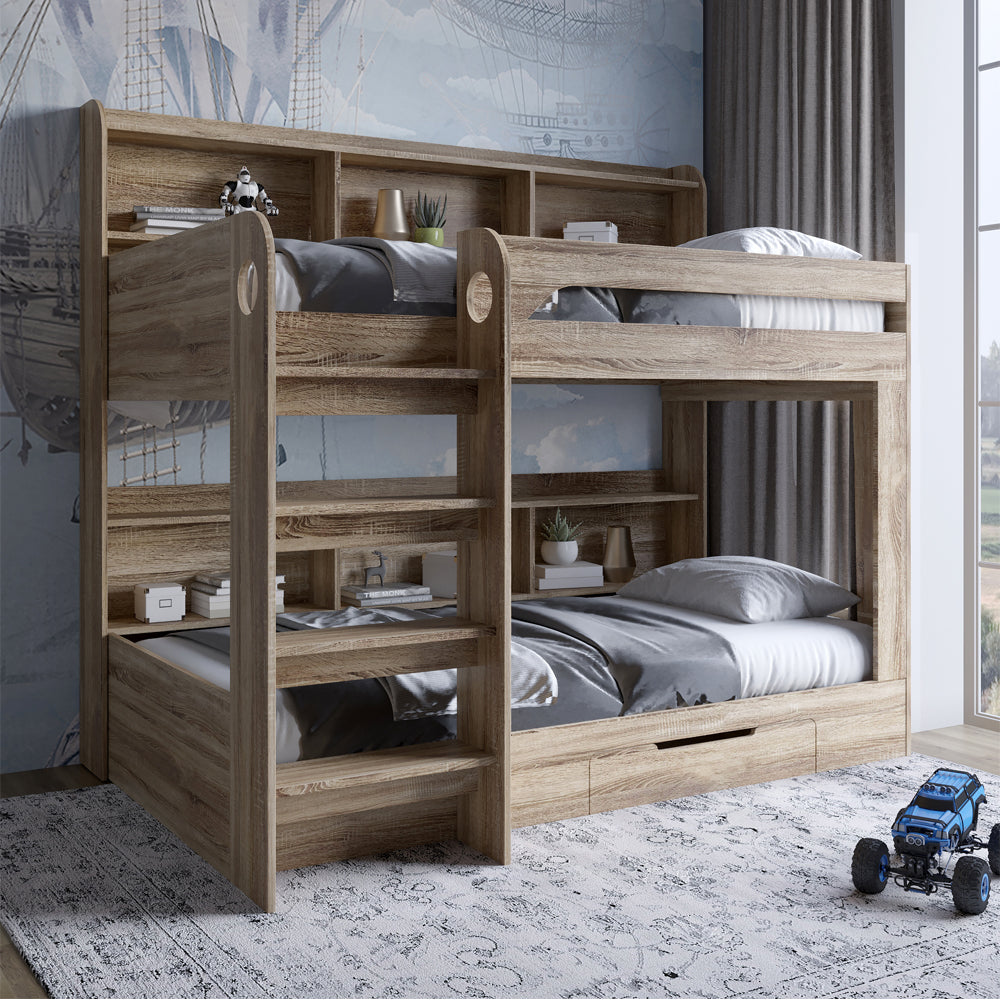 Детская двухъярусная кровать LION Майнкрафт 90х190 см с ящиком Дуб Сонома Трюфель (LION-041539)