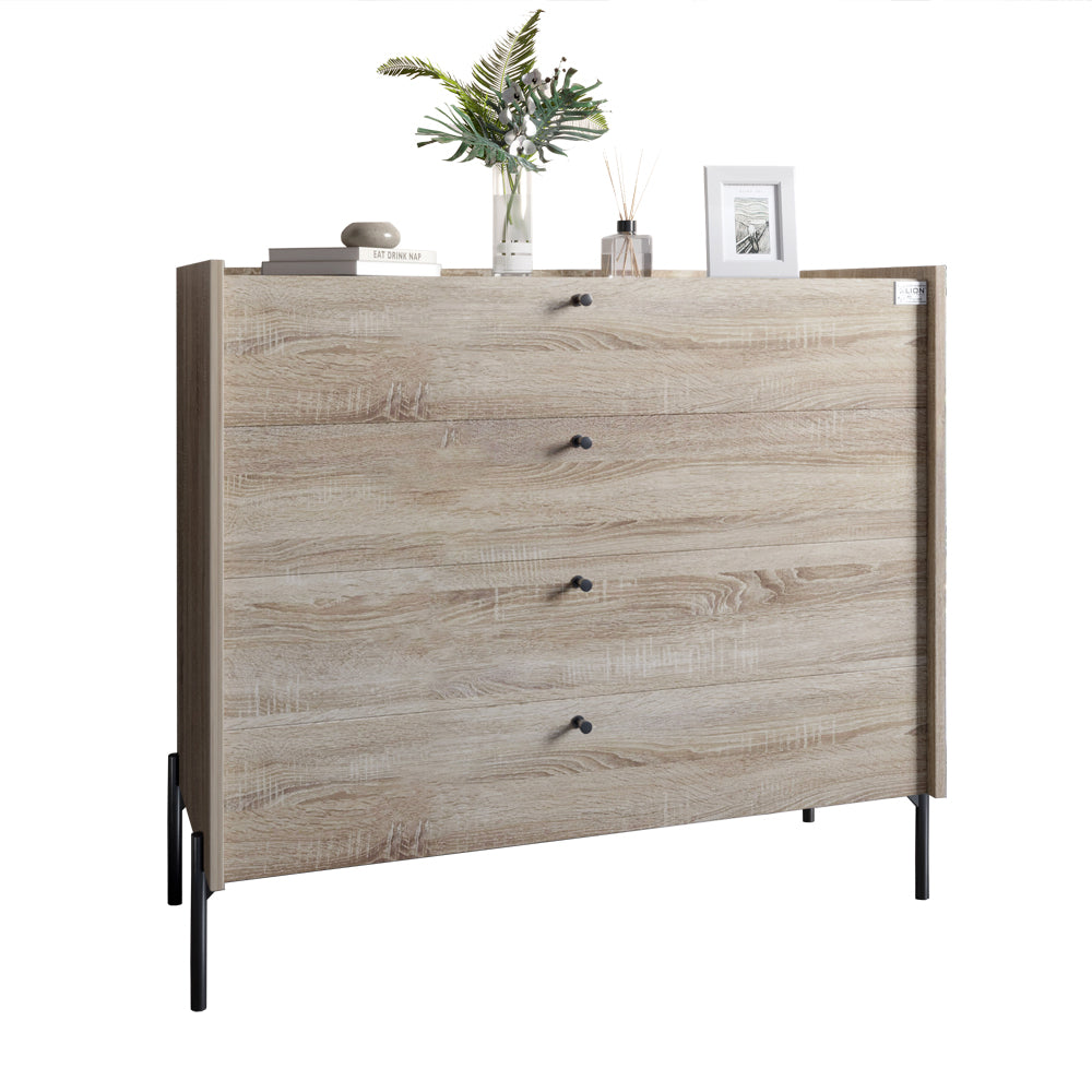Комод с 4 ящиками LION Wood с черными ножками 100х90х45 см Дуб Сонома (LION-042980)