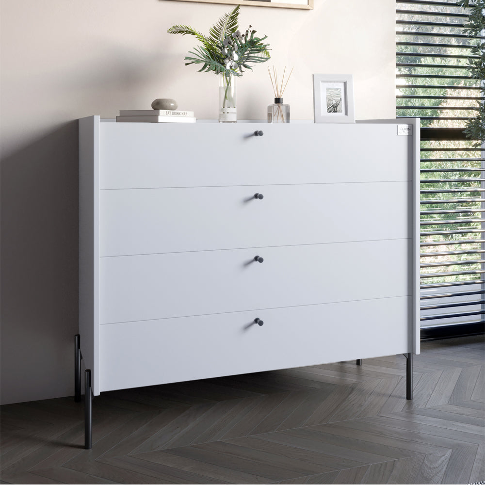 Комод с 4 ящиками LION Wood с черными ножками 100х90х45 см Нимфея Альба (белый) (LION-042983) ТОП