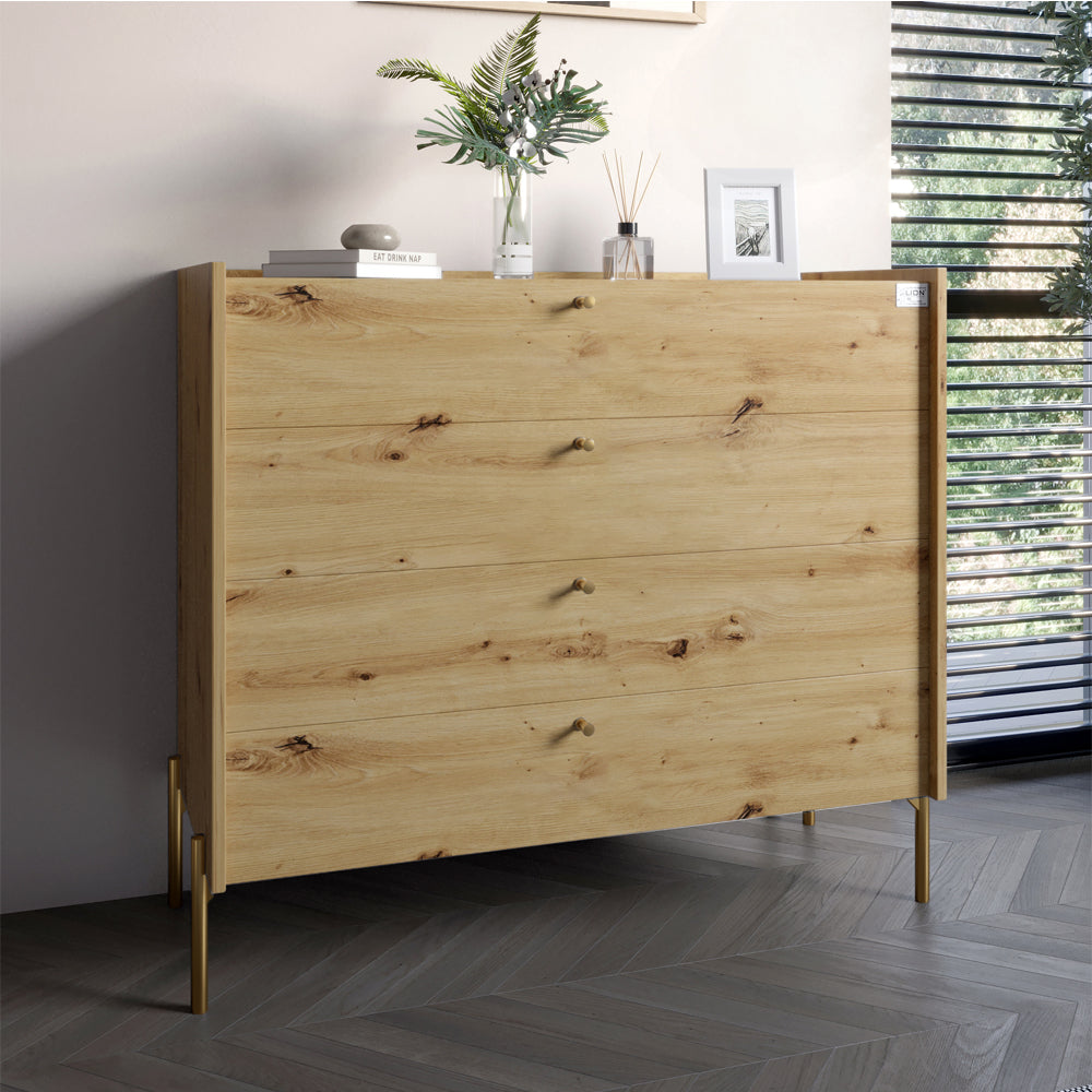 Комод с 4 ящиками LION Wood с золотыми ножками 100х90х45 см Дуб Артизан (LION-042964)
