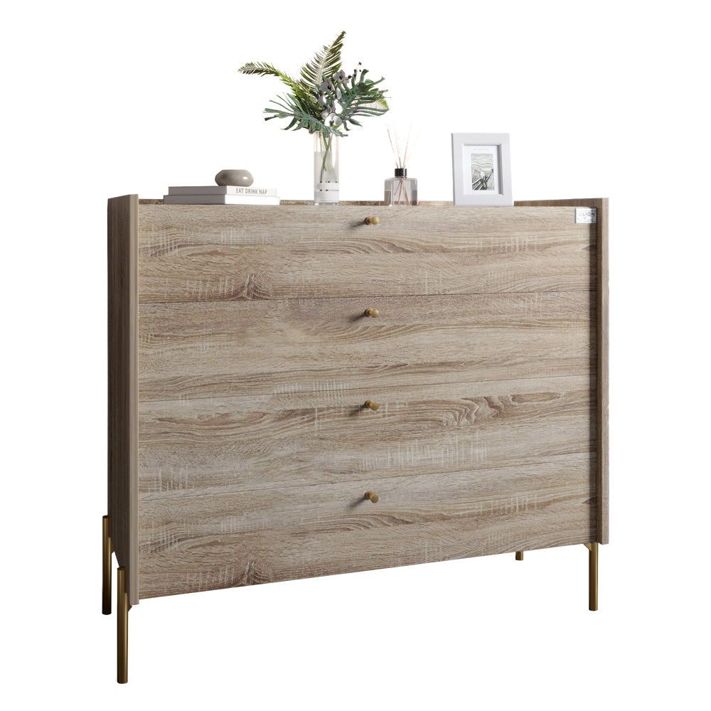 Комод с 4 ящиками LION Wood с золотыми ножками 100х90х45 см Дуб Сонома Трюфель (LION-042967)