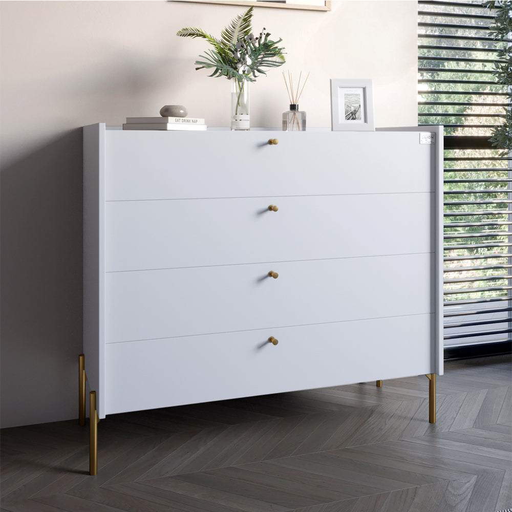 Комод с 4 ящиками LION Wood с золотыми ножками 100х90х45 см Нимфея Альба (белый) (LION-042969) ТОП