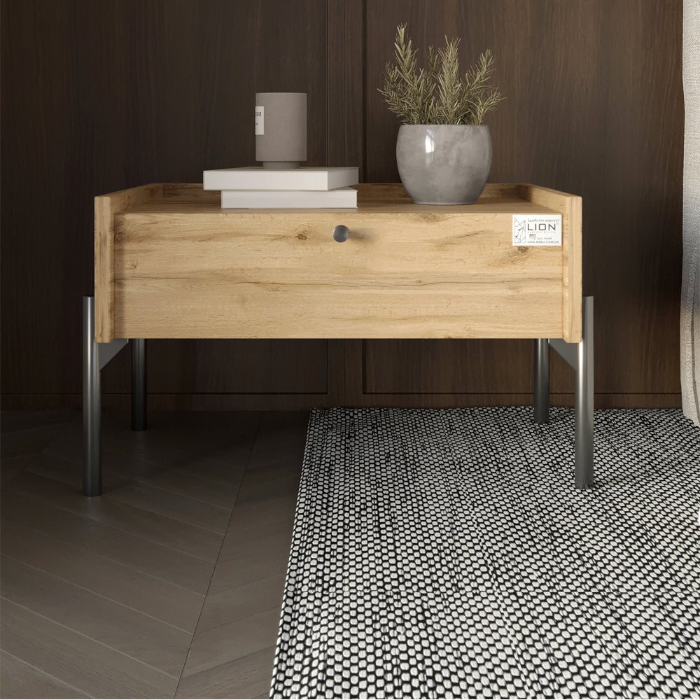 Тумба прикроватная LION Wood с одним ящиком Дуб Аппалачи (черные ножки) (LION-041315)