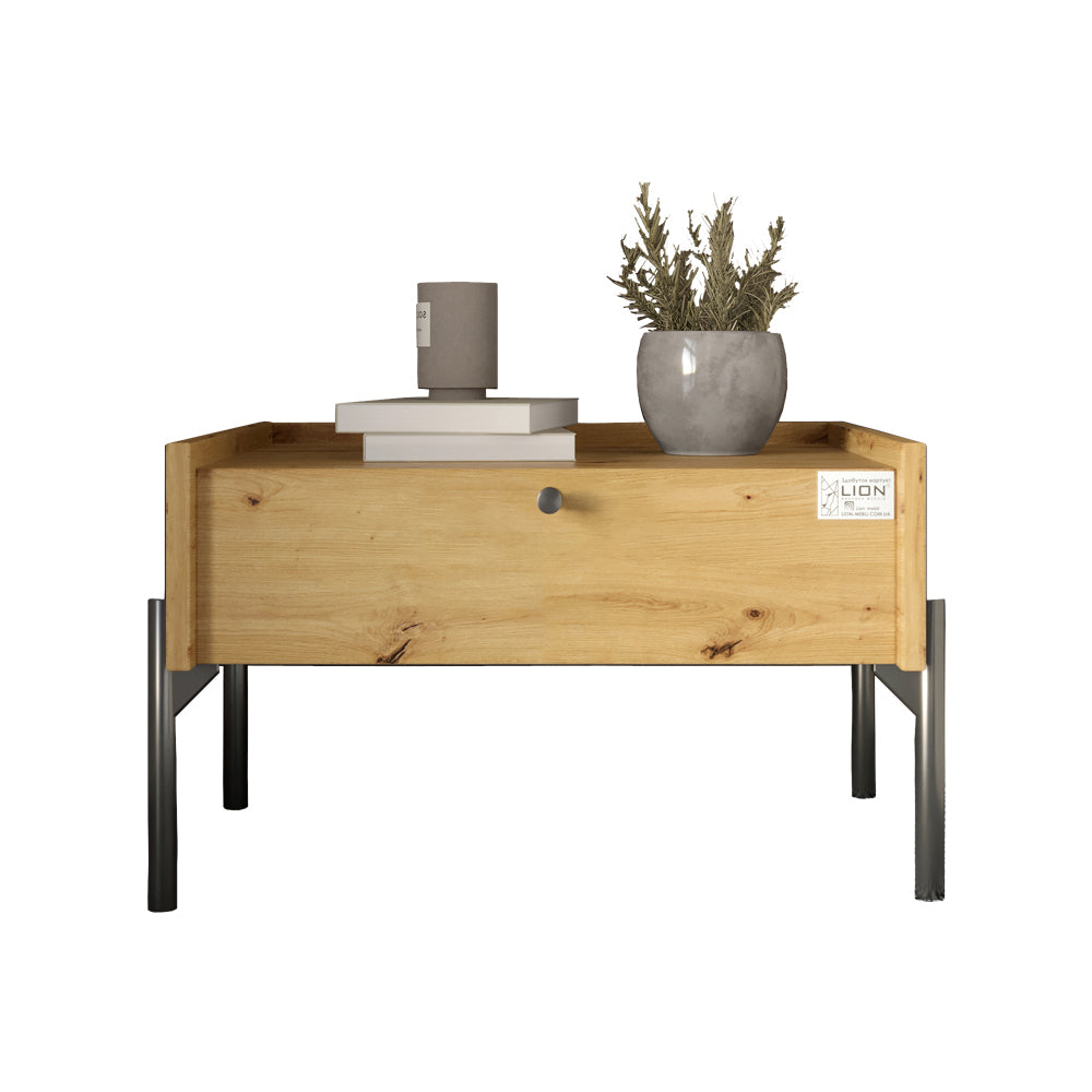 Тумба прикроватная LION Wood с одним ящиком Дуб Артизан (черные ножки) (LION-041317)