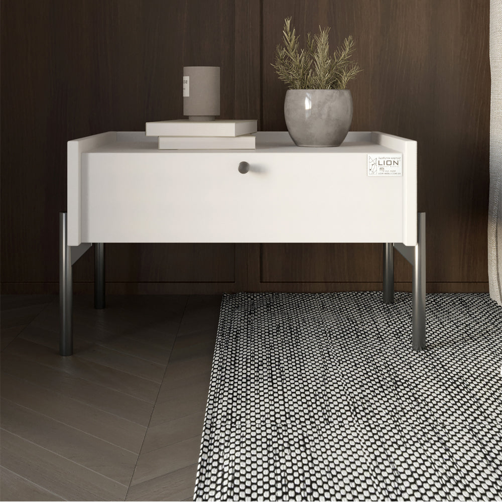 Тумба прикроватная LION Wood с одним ящиком Нимфея Альба (белый) (черные ножки) (LION-041327)