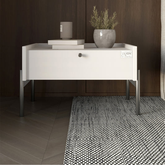 Тумба прикроватная LION Wood с одним ящиком Нимфея Альба (белый) (черные ножки) (LION-041327)