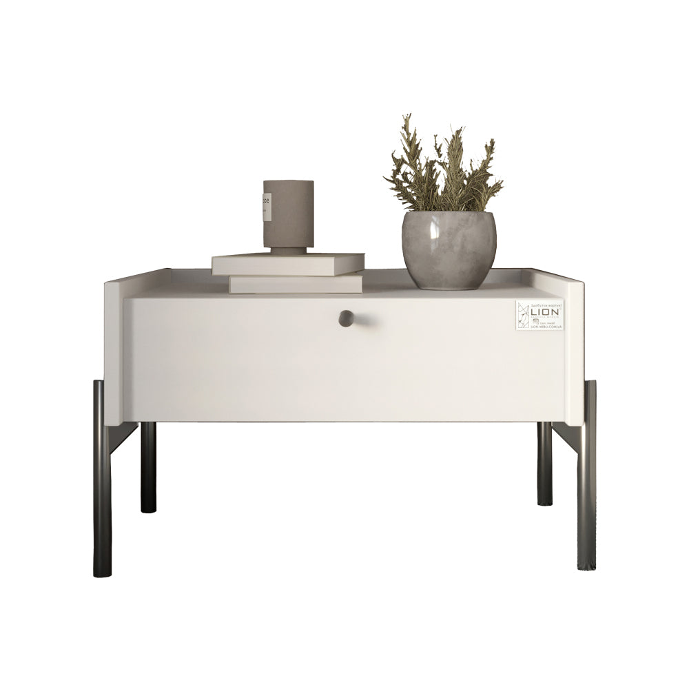 Тумба прикроватная LION Wood с одним ящиком Нимфея Альба (белый) (черные ножки) (LION-041327)