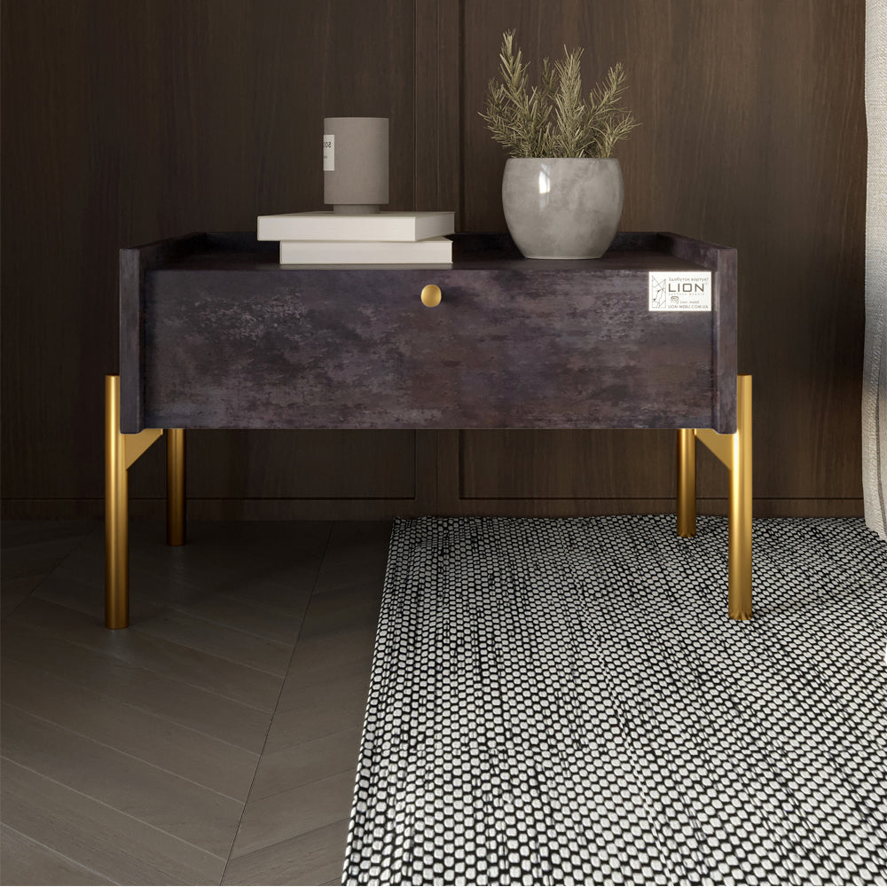 Тумба прикроватная LION Wood с одним ящиком Бетон темный (золотые ножки) (LION-041310)