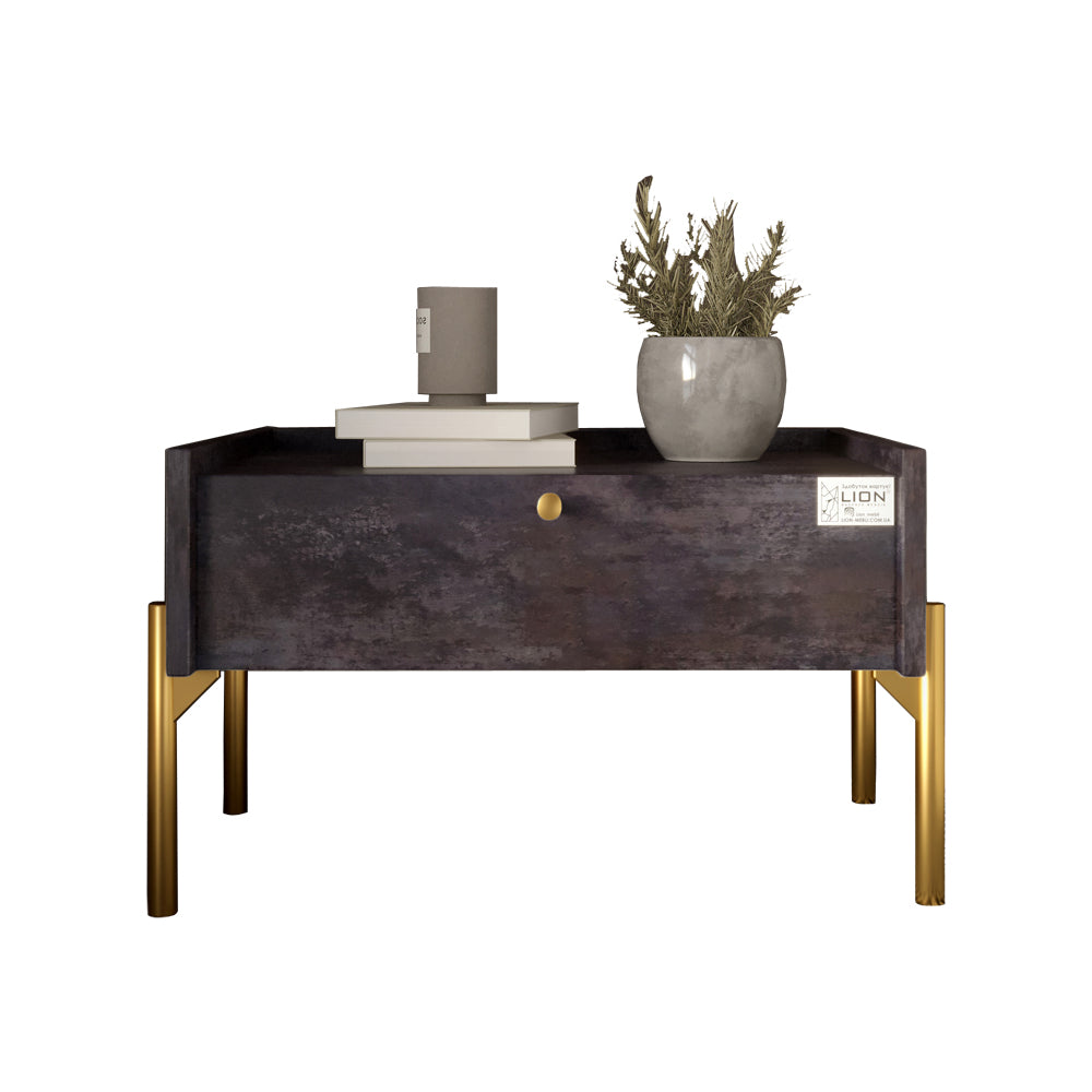 Тумба прикроватная LION Wood с одним ящиком Бетон темный (золотые ножки) (LION-041310)