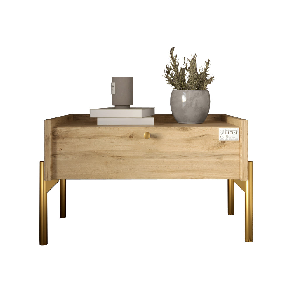 Тумба прикроватная LION Wood с одним ящиком Дуб Аппалачи (золотые ножки) (LION-041314)