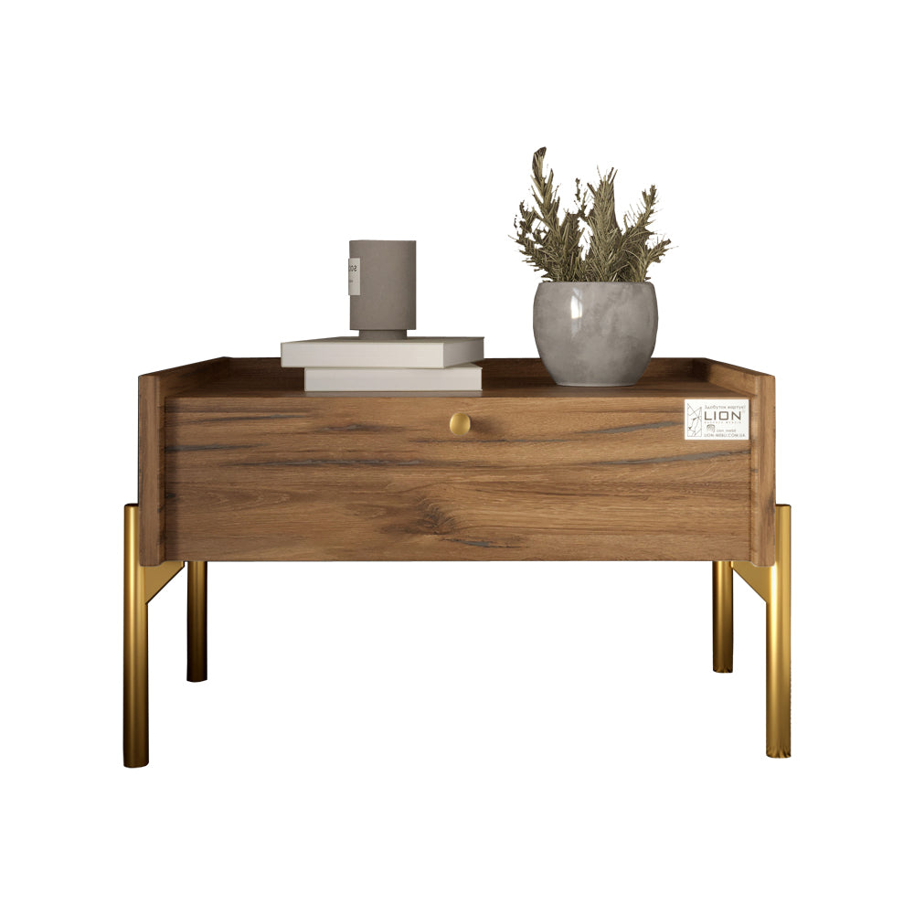 Тумба прикроватная LION Wood с одним ящиком Дуб Ливорно (золотые ножки) (LION-041318)