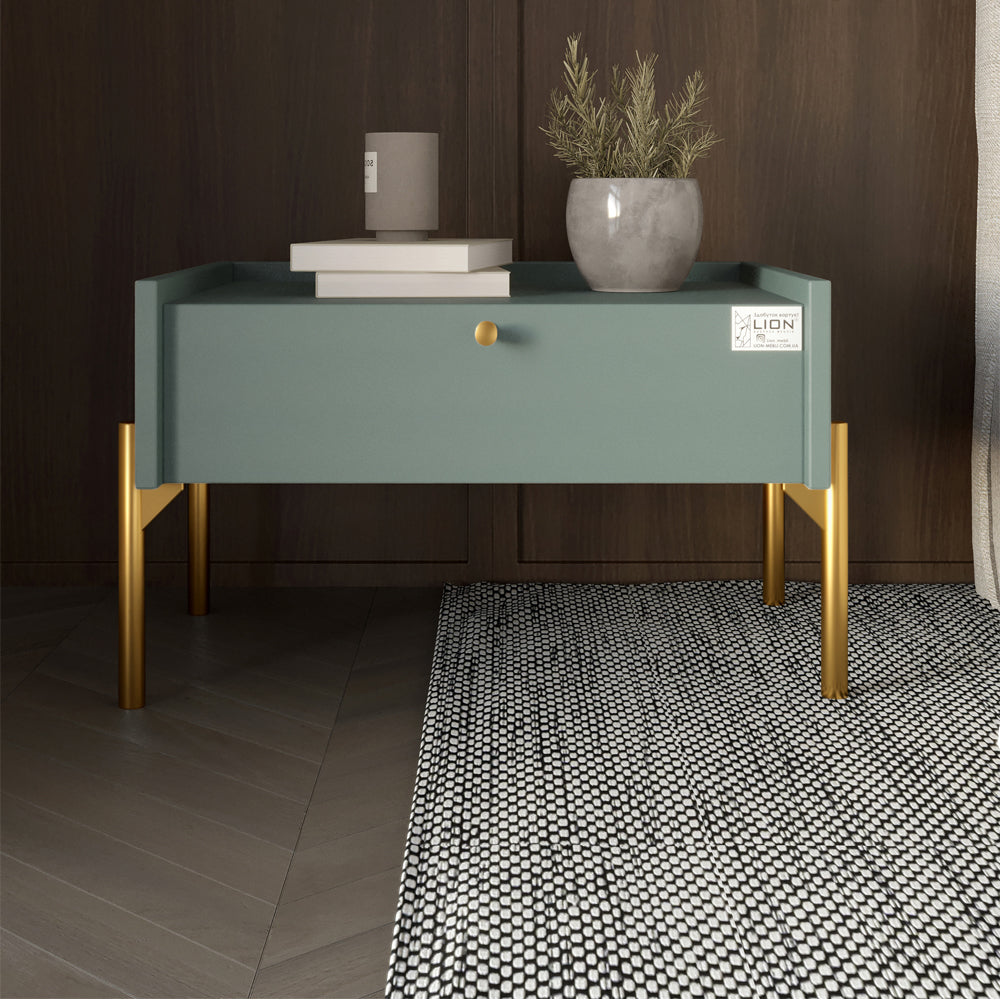 Тумба прикроватная LION Wood с одним ящиком Гранит серый (золотые ножки) (LION-041312)