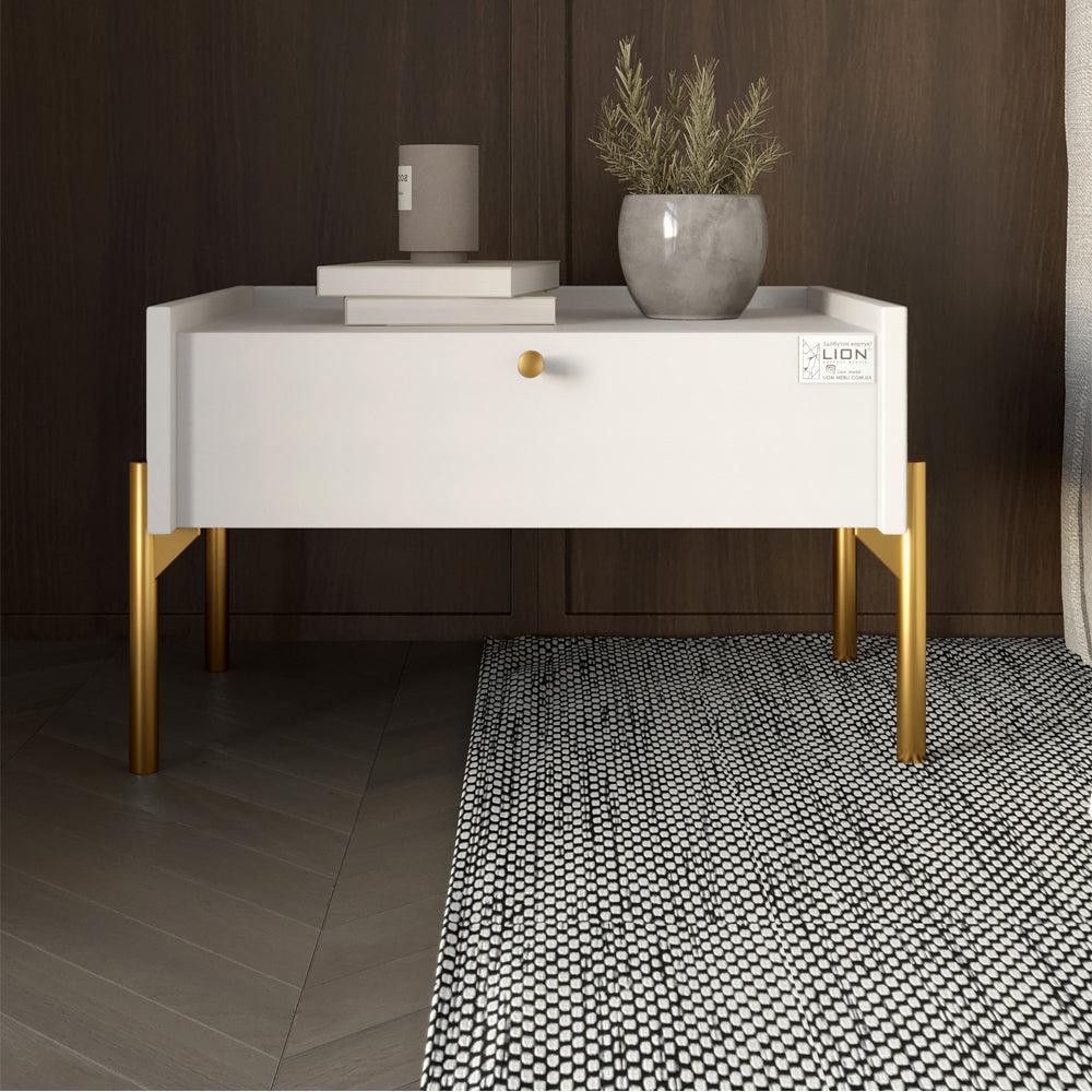 Тумба прикроватная LION Wood с одним ящиком Нимфея Альба (белый) (золотые ножки) (LION-041326)