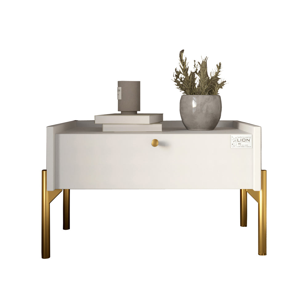 Тумба прикроватная LION Wood с одним ящиком Нимфея Альба (белый) (золотые ножки) (LION-041326)