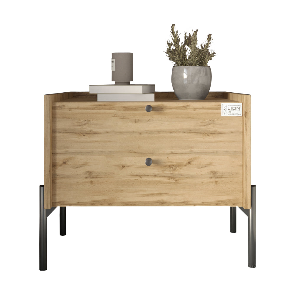 Тумба прикроватная LION Wood с двумя ящиками Дуб Аппалачи (черные ножки) (LION-041346)