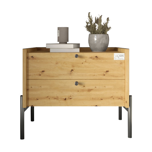 Тумба прикроватная LION Wood с двумя ящиками Дуб Артизан (черные ножки) (LION-041348)