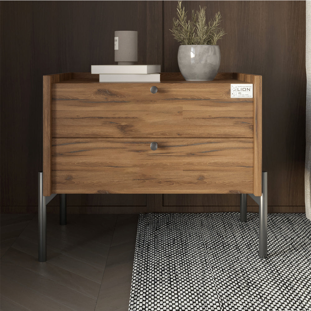 Тумба прикроватная LION Wood с двумя ящиками Дуб Ливорно (черные ножки) (LION-041350)
