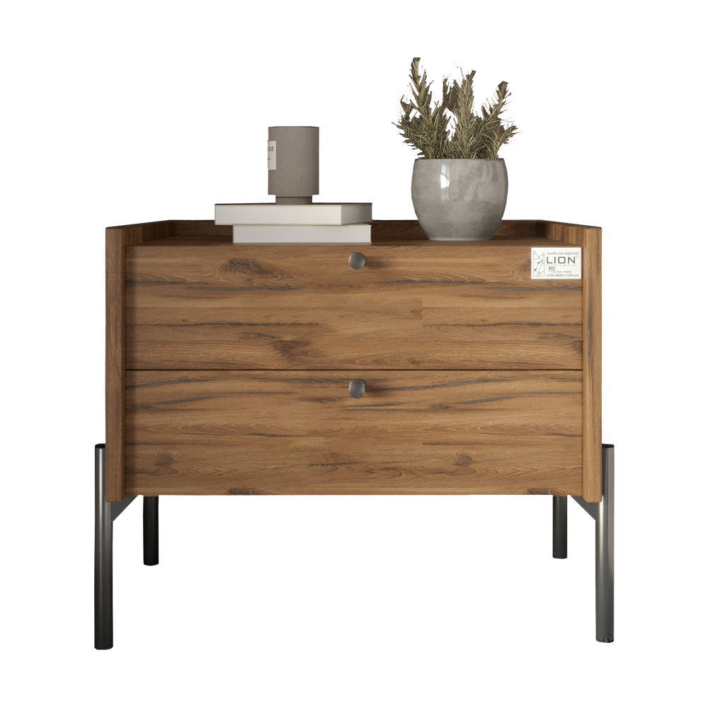 Тумба прикроватная LION Wood с двумя ящиками Дуб Ливорно (черные ножки) (LION-041350)