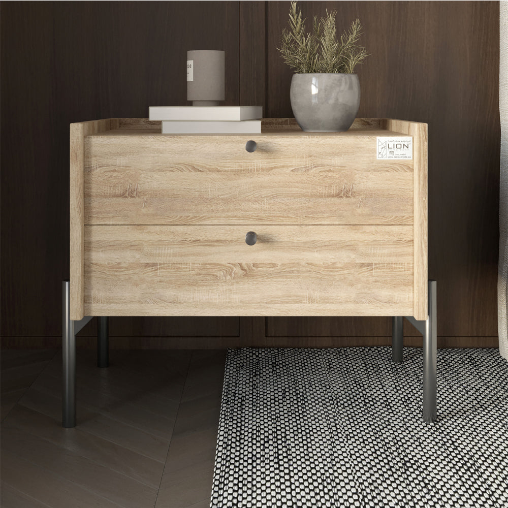 Тумба прикроватная LION Wood с двумя ящиками Дуб Сонома (черные ножки) (LION-041352)