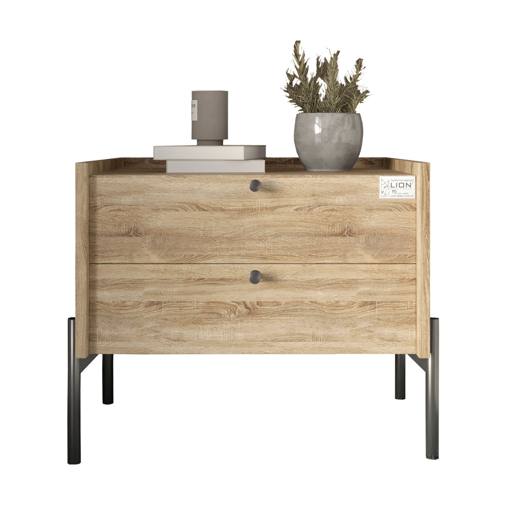 Тумба прикроватная LION Wood с двумя ящиками Дуб Сонома Трюфель (черные ножки) (LION-041354)