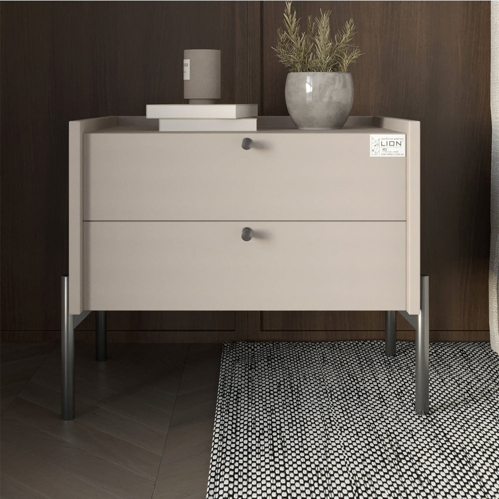 Тумба прикроватная LION Wood с двумя ящиками Кашемир (черные ножки) (LION-041356) ТОП