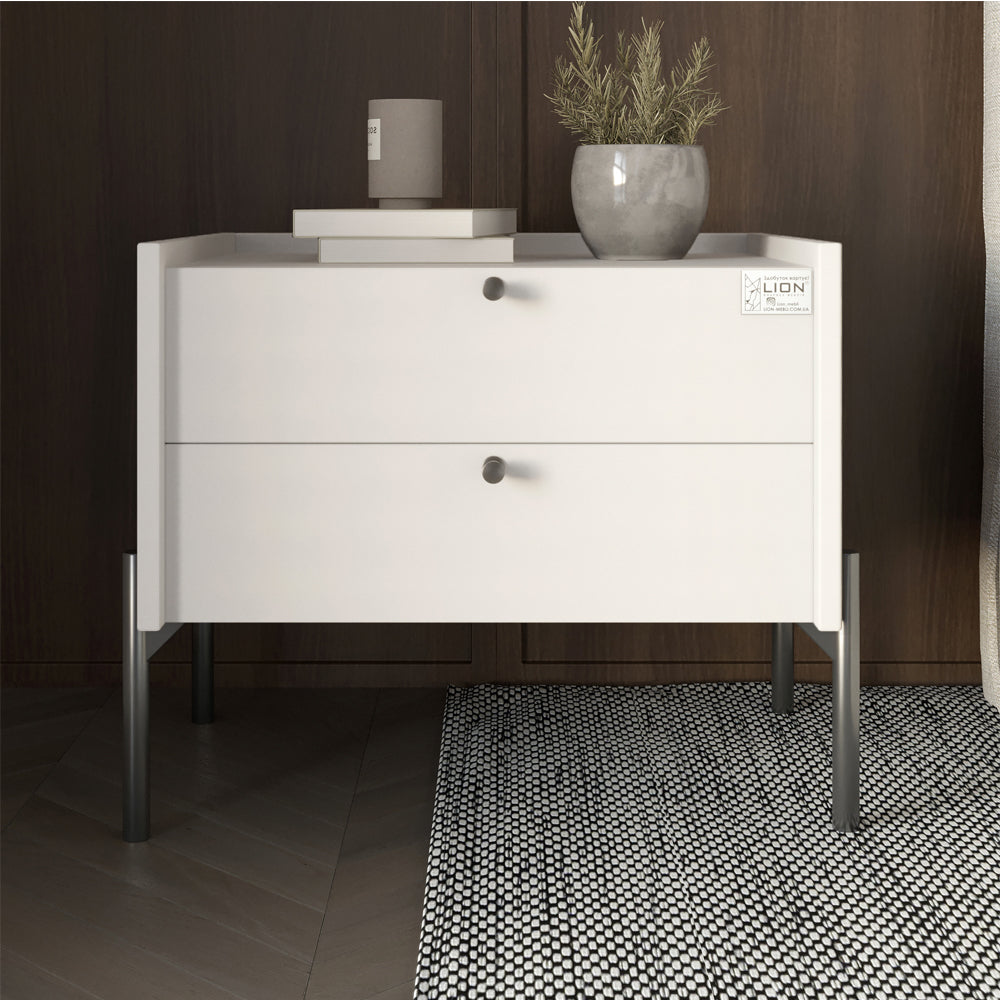 Тумба прикроватная LION Wood с двумя ящиками Нимфея Альба (белый) (черные ножки) (LION-041358) ТОП