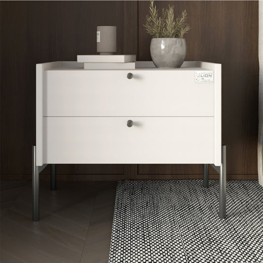 Тумба прикроватная LION Wood с двумя ящиками Нимфея Альба (белый) (черные ножки) (LION-041358) ТОП