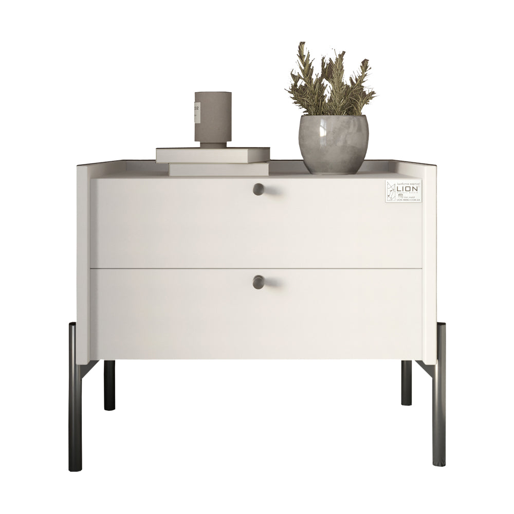 Тумба прикроватная LION Wood с двумя ящиками Нимфея Альба (белый) (черные ножки) (LION-041358) ТОП
