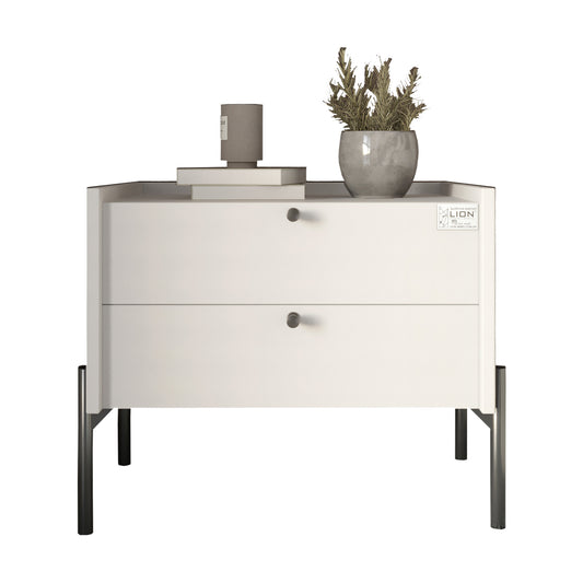 Тумба прикроватная LION Wood с двумя ящиками Нимфея Альба (белый) (черные ножки) (LION-041358) ТОП
