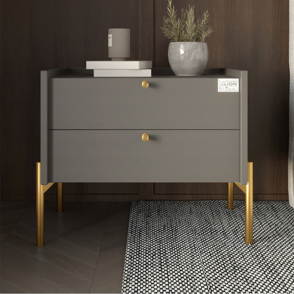 Тумба прикроватная LION Wood с двумя ящиками Антрацит (золотые ножки) (LION-041334) ТОП