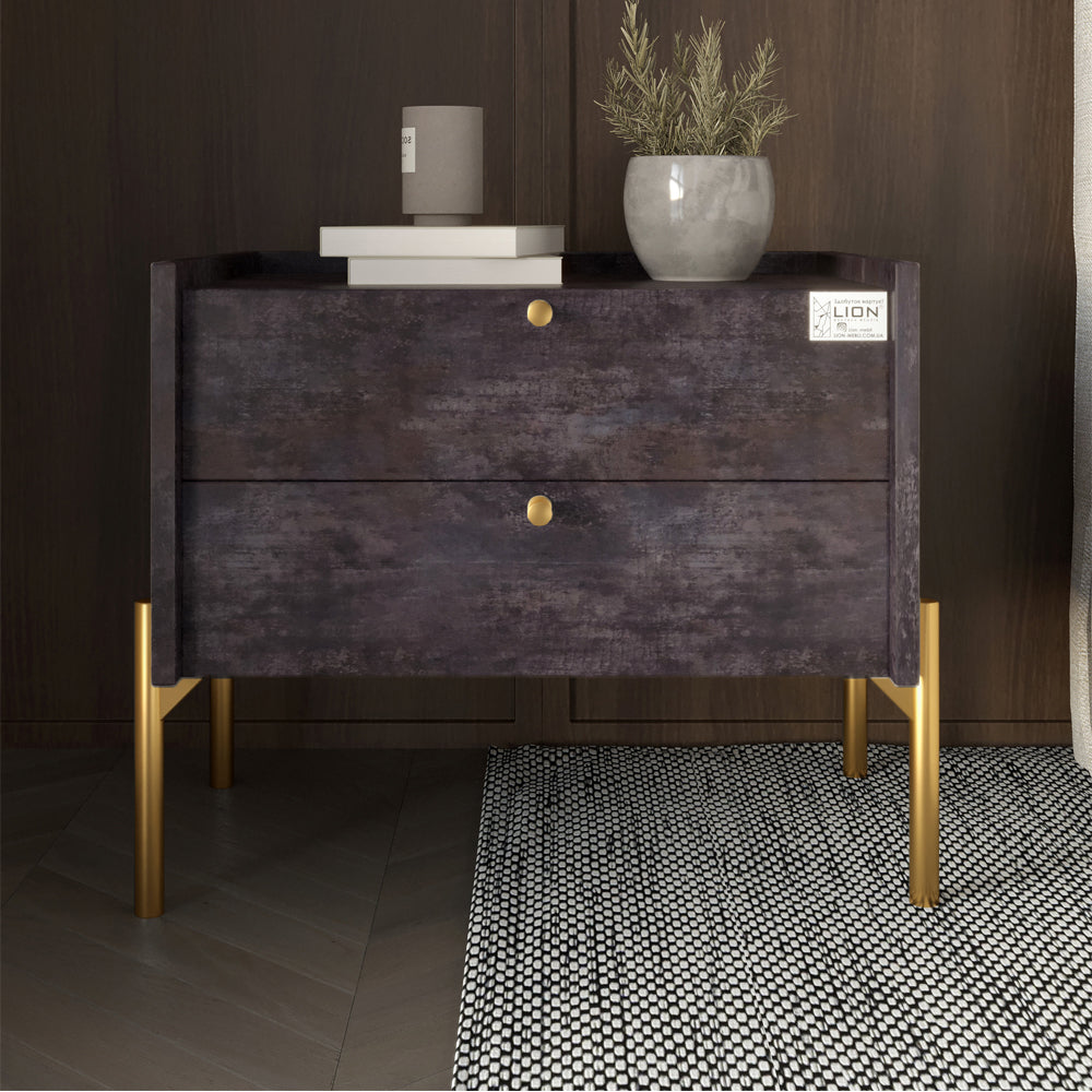 Тумба прикроватная LION Wood с двумя ящиками Бетон темный (золотые ножки) (LION-041340)