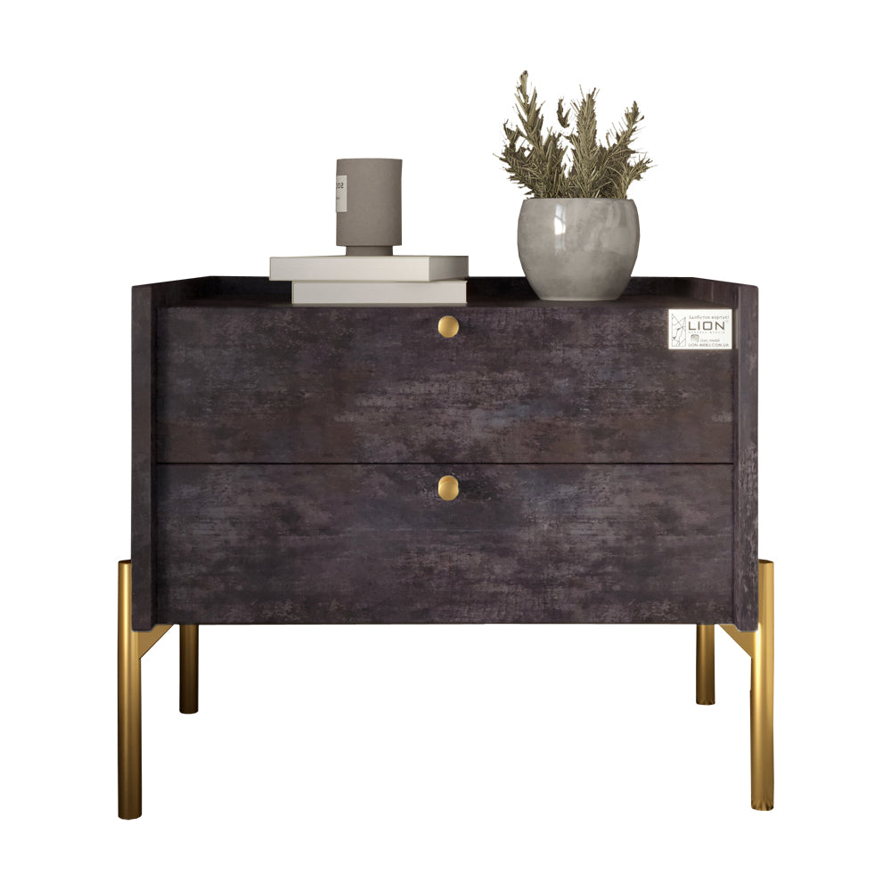 Тумба прикроватная LION Wood с двумя ящиками Бетон темный (золотые ножки) (LION-041340)