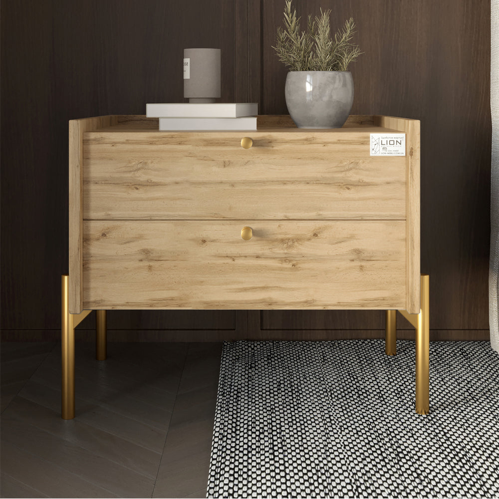 Тумба прикроватная LION Wood с двумя ящиками Дуб Артизан (золотые ножки) (LION-041347)
