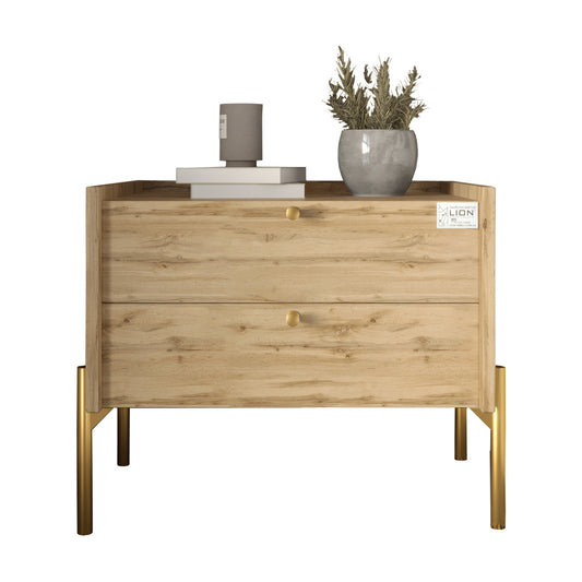 Тумба прикроватная LION Wood с двумя ящиками Дуб Аппалачи (золотые ножки) (LION-041345)