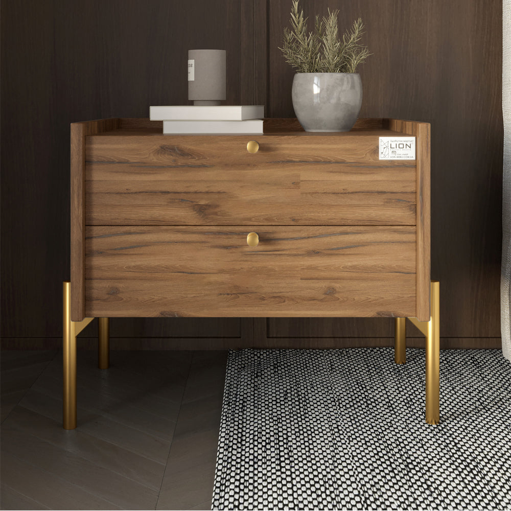 Тумба прикроватная LION Wood с двумя ящиками Дуб Ливорно (золотые ножки) (LION-041349)