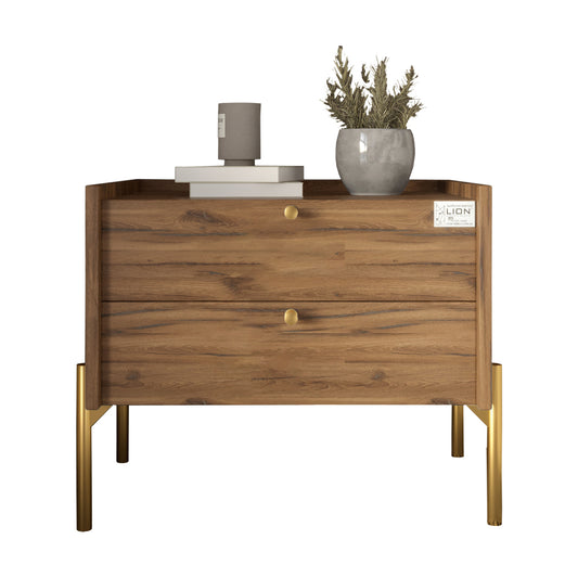 Тумба прикроватная LION Wood с двумя ящиками Дуб Ливорно (золотые ножки) (LION-041349)