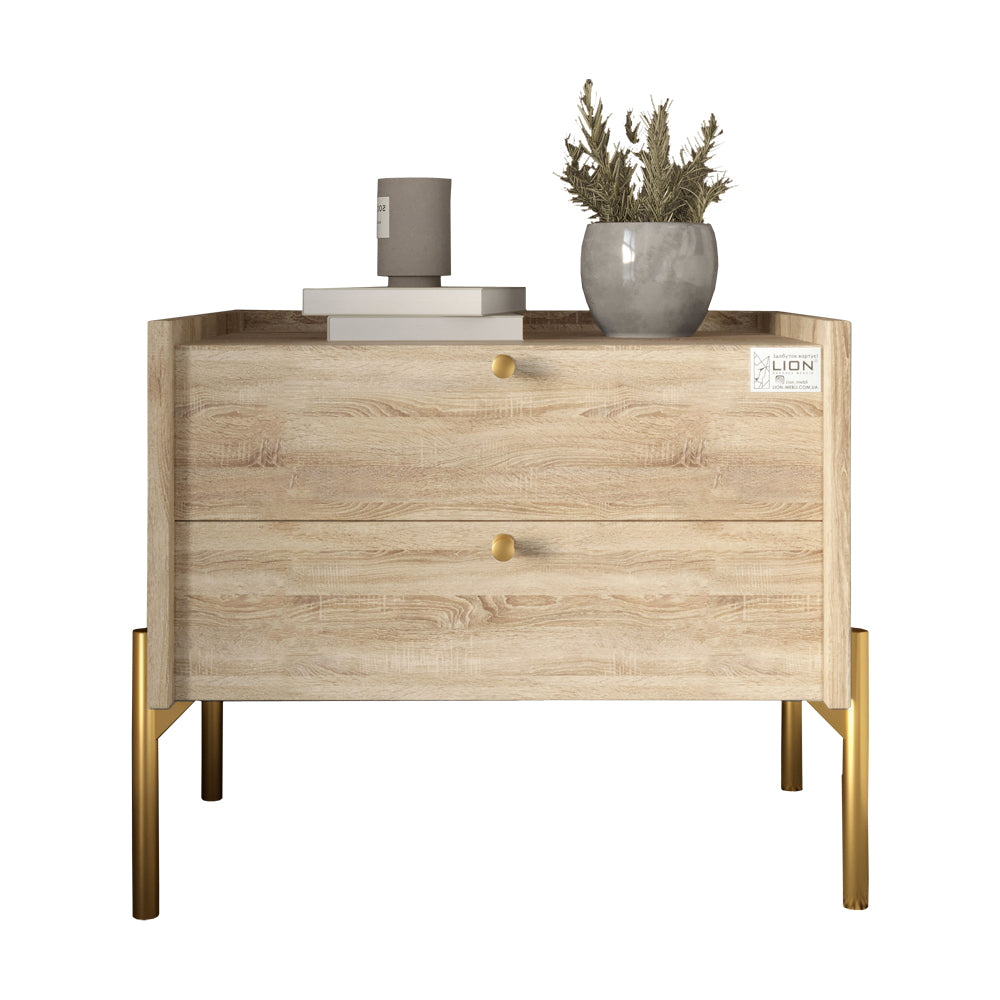 Тумба прикроватная LION Wood с двумя ящиками Дуб Сонома (золотые ножки) (LION-041351)