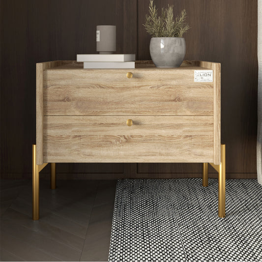 Тумба прикроватная LION Wood с двумя ящиками Дуб Сонома Трюфель (золотые ножки) (LION-041353)