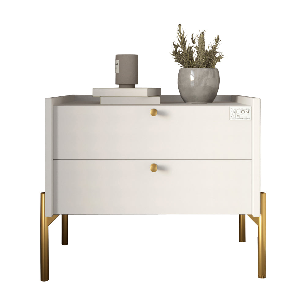 Тумба прикроватная LION Wood с двумя ящиками Нимфея Альба (белый) (золотые ножки) (LION-041357) ТОП