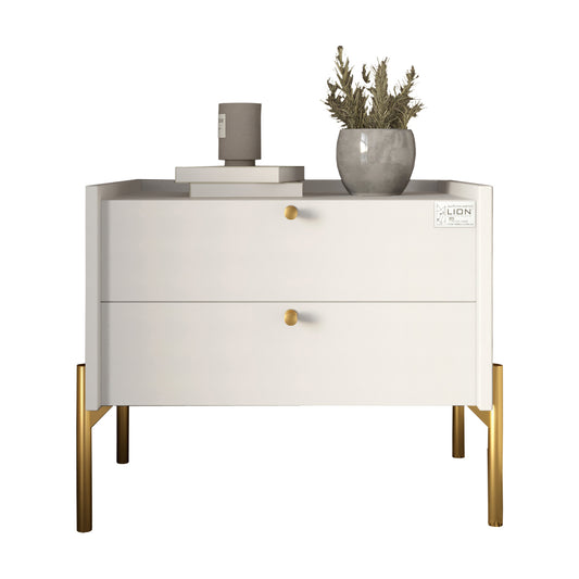 Тумба прикроватная LION Wood с двумя ящиками Нимфея Альба (белый) (золотые ножки) (LION-041357) ТОП